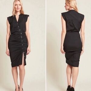 Veronica Beard Black Ruched Sleeveless Asymmetrical Button Midi Dress Size 6